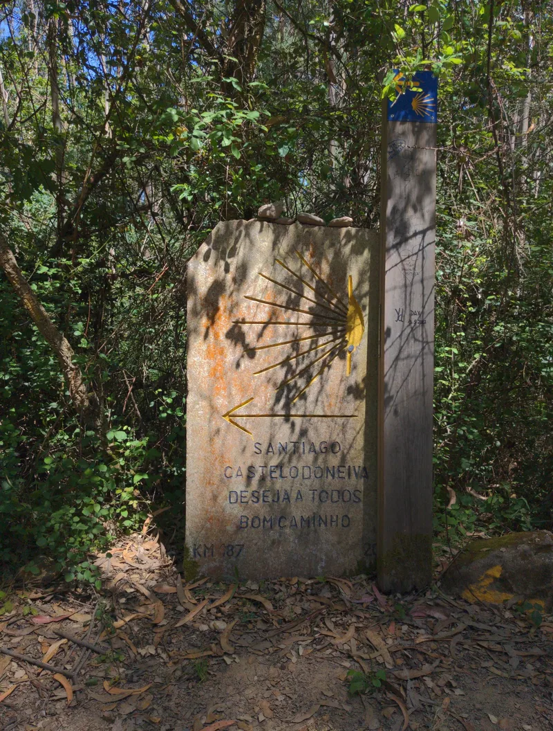 A stone marker with directional arrows and text, surrounded by greenery and a wooden post nearby.