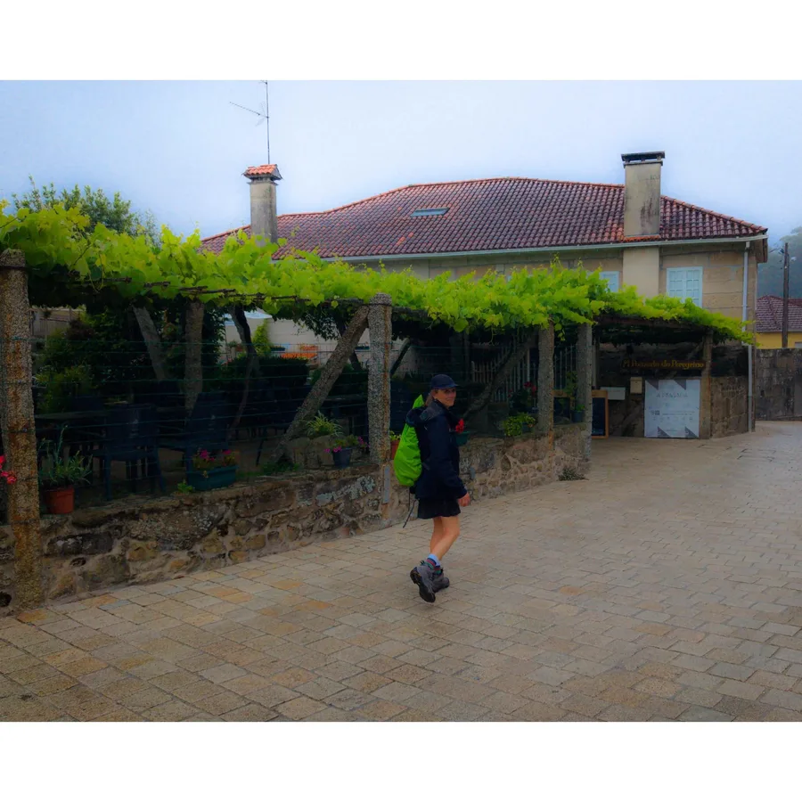 A person in a rain jacket and backpack walks along a stone path by a house with a grapevine canopy.