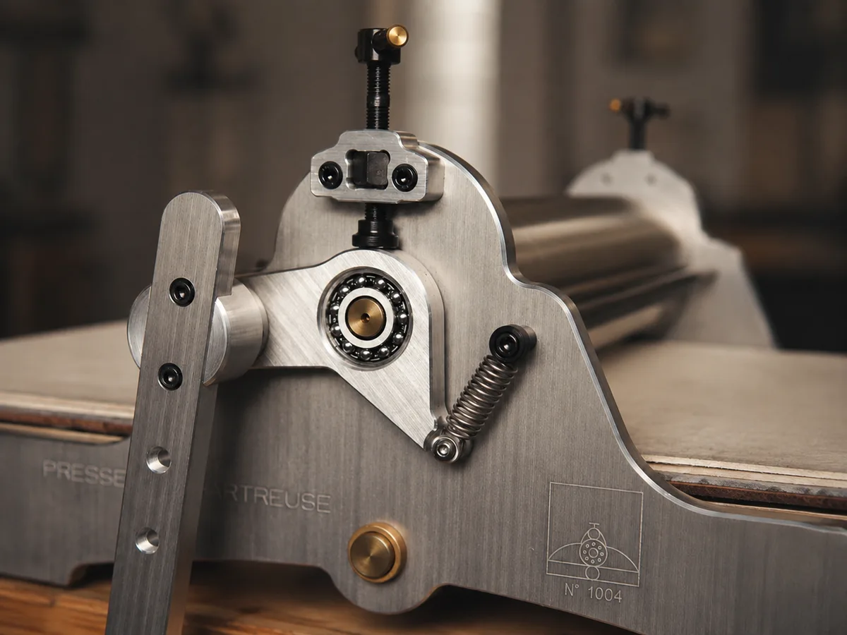 A hand working ink into an etching plate at the press