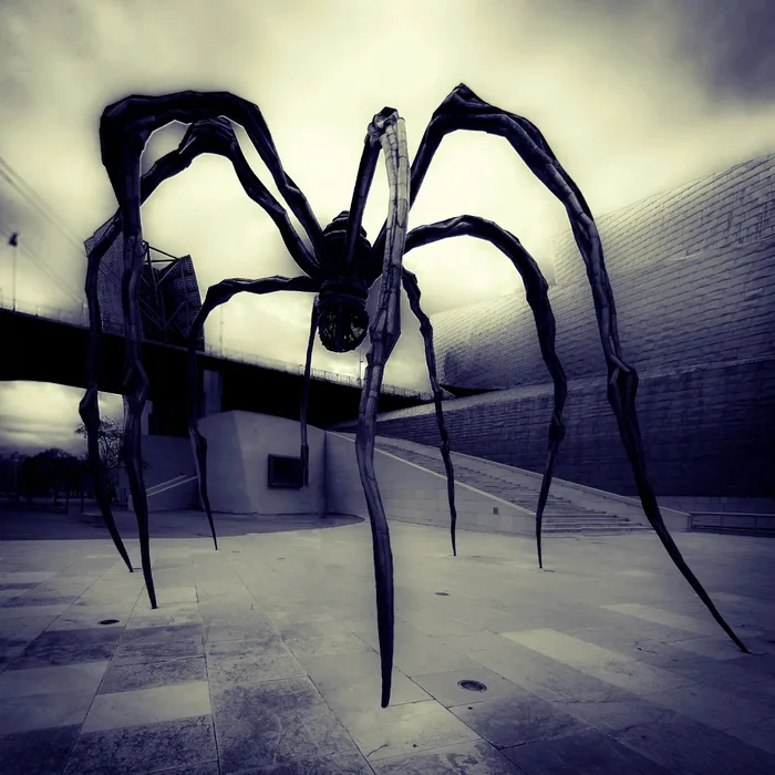 A large, metallic spider sculpture with long legs stands in an empty plaza under a cloudy sky.
