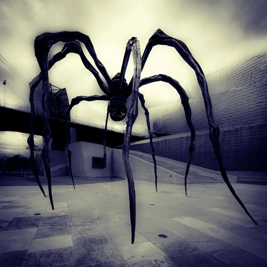 A large, metallic spider sculpture with long legs stands in an empty plaza under a cloudy sky.