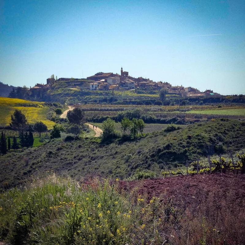 A hillside village with buildings and a church, surrounded by fields and pathways, under a clear blue sky.