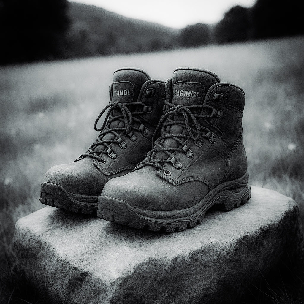 Hiking shoes on a rock in a meadow.