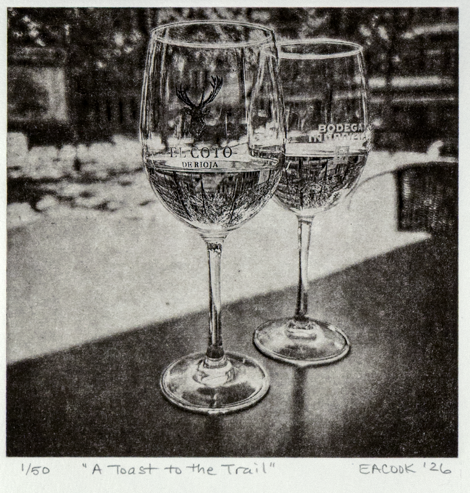 Toast to the Trail -- Fine Art Camino Wine Glass Photogravure