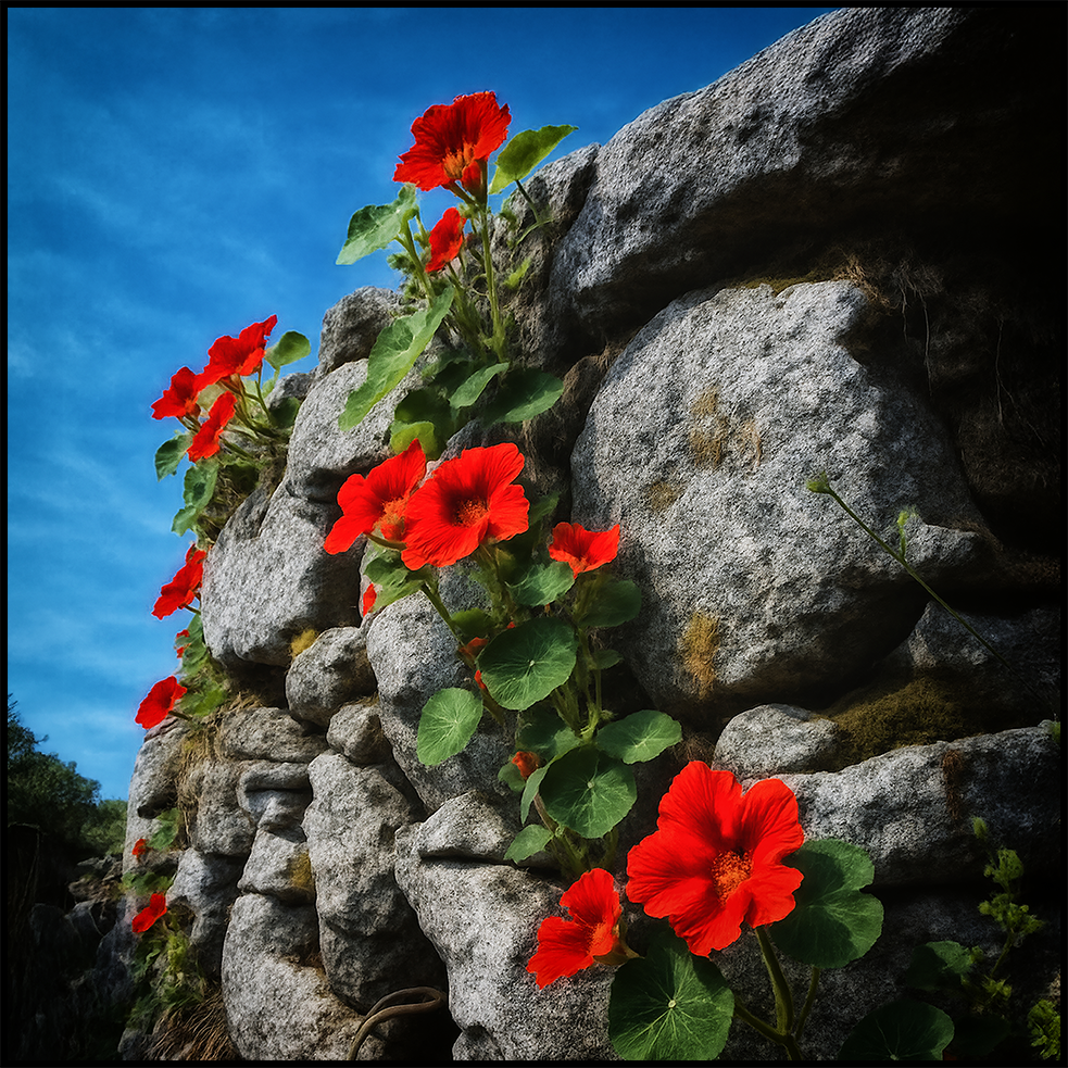 Nasturtiums in a Rock Wall -- Portuguese Camino